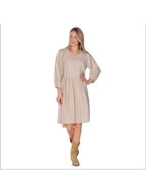 Linda Anderson Gold Sparkle Linen Blend Puff Sleeve Beige Dress Women’s Size L